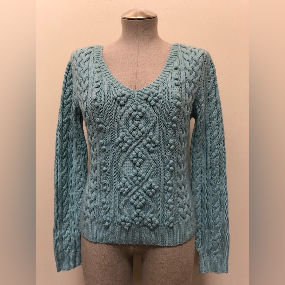 Express 100% merino wool 3d knit pom Pom double v-neck sweater pullover blue